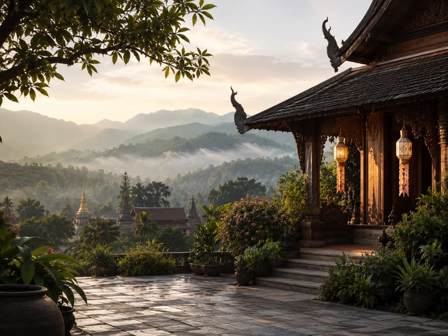 A traditional Lanna pavilion overlooking the forested mountains around Chiang Mai
