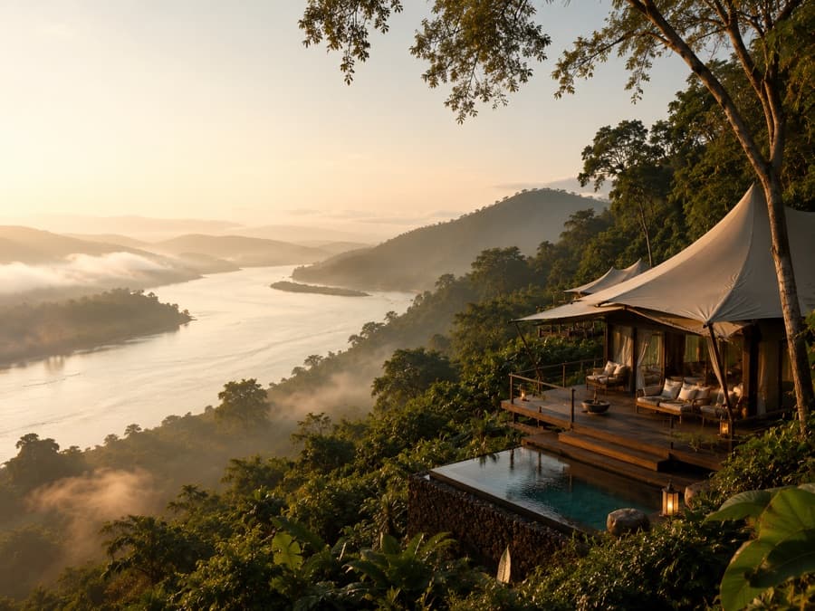 A luxury tented camp and private pool above the Mekong River in Thailand's Golden Triangle