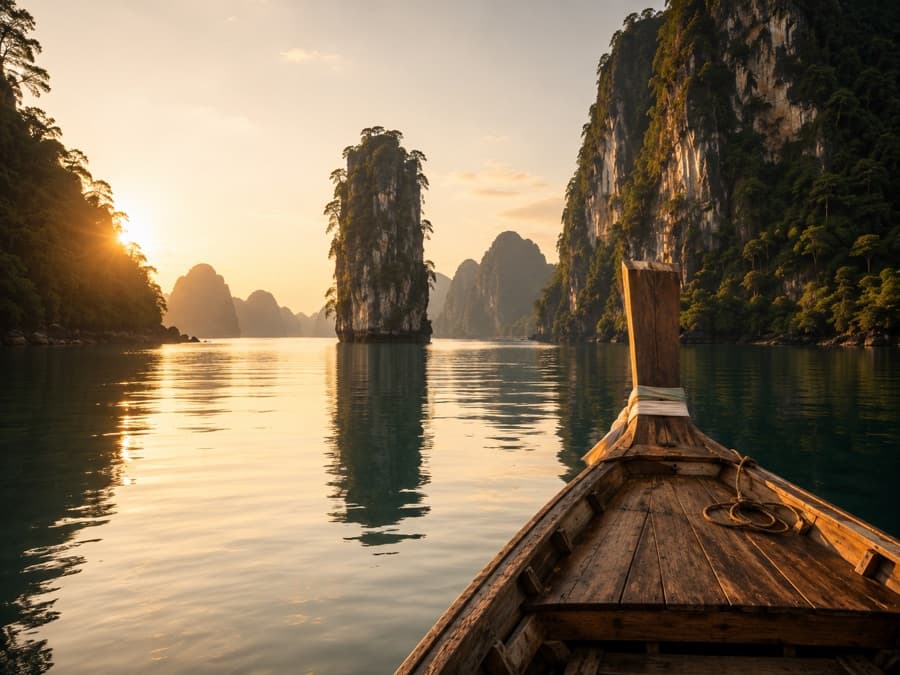 A private long-tail boat moving through the limestone karsts of Phang Nga Bay at golden hour