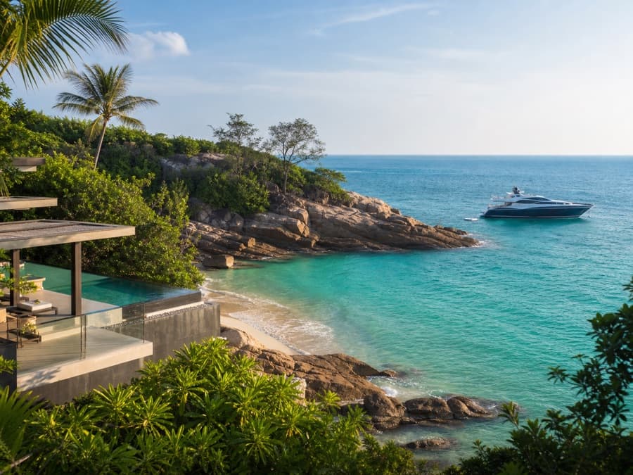 A private yacht and contemporary resort overlooking a secluded Phuket cove