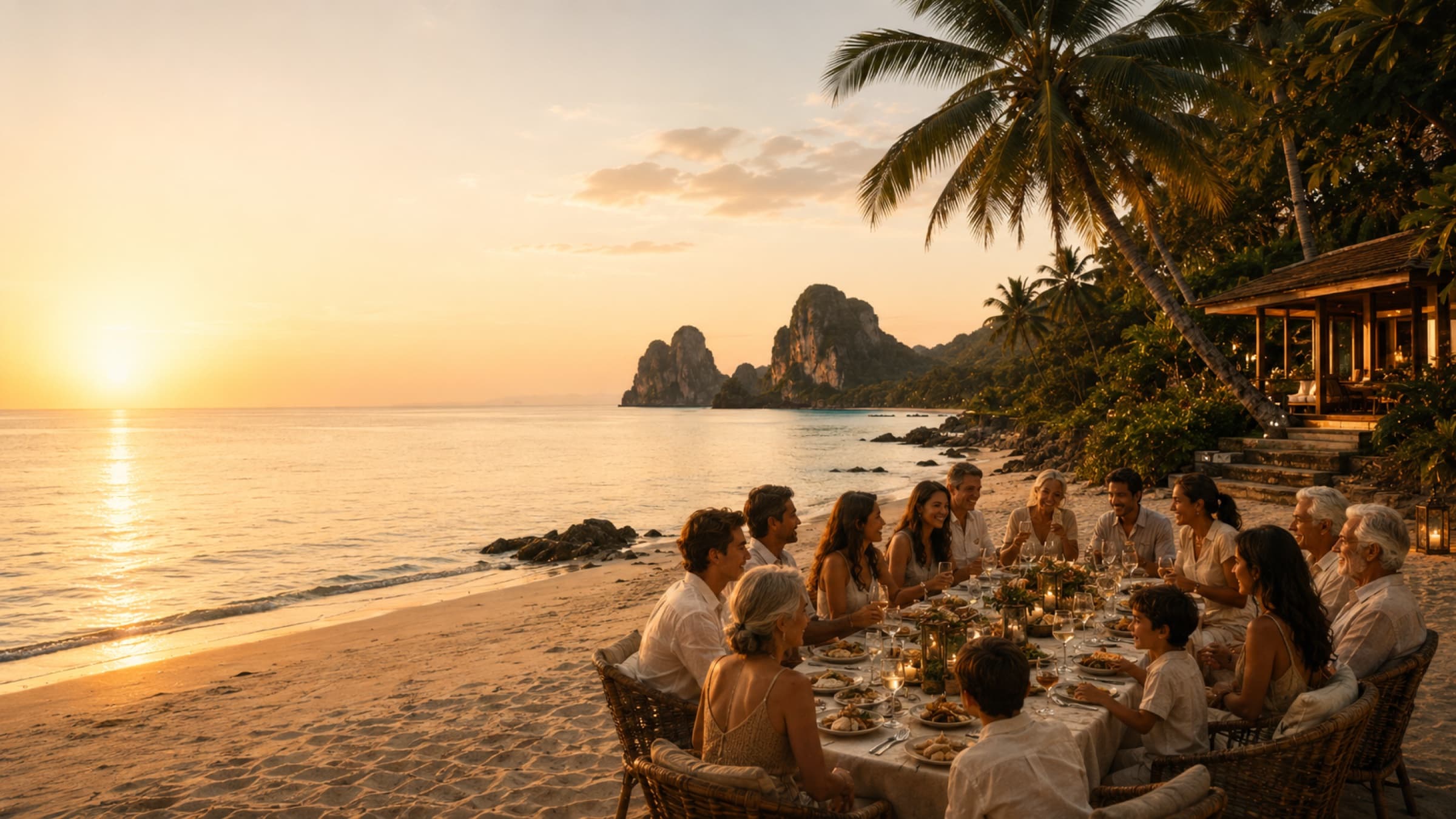 A multigenerational family sharing a candlelit dinner on the beach at sunset, with limestone cliffs and a lantern-lit villa behind them, on Koh Yao Noi, Thailand
