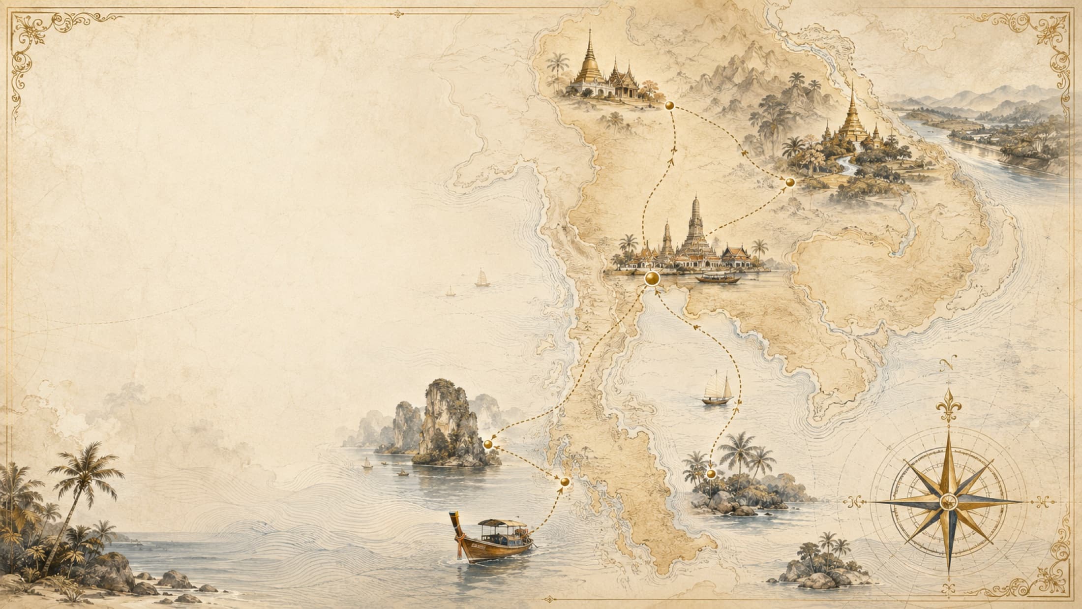 Vintage illustrated map of Thailand with the traveler’s highest-fit destinations marked