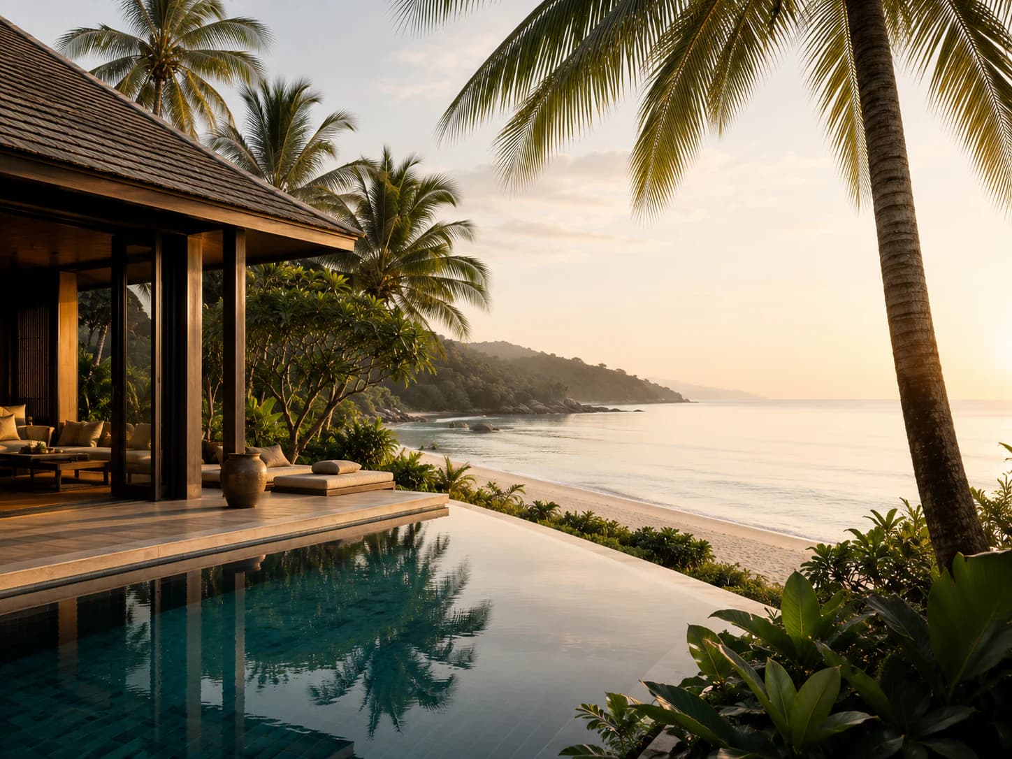 A private infinity-pool villa opening onto a quiet Thai beach at sunrise