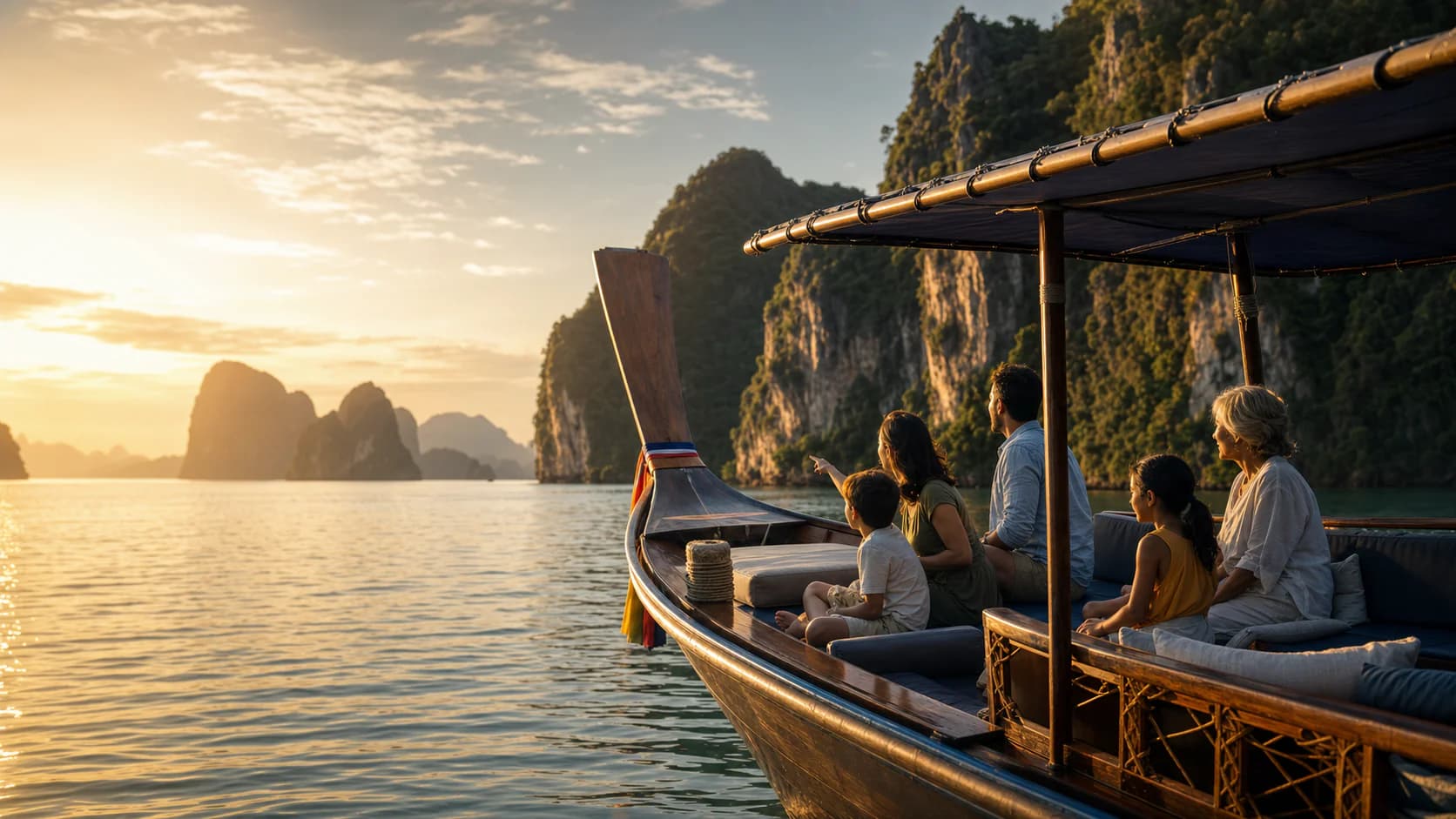 A multigenerational family exploring Phang Nga Bay by private long-tail boat