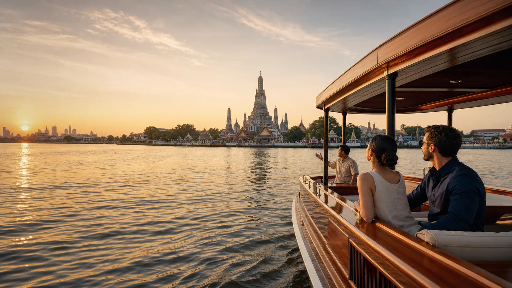 A private teak boat approaching Wat Arun on the Chao Phraya River at sunrise