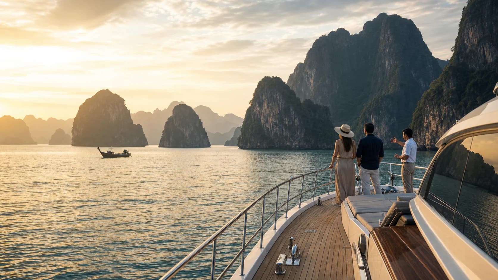A private yacht arriving among the limestone karsts of Phang Nga Bay