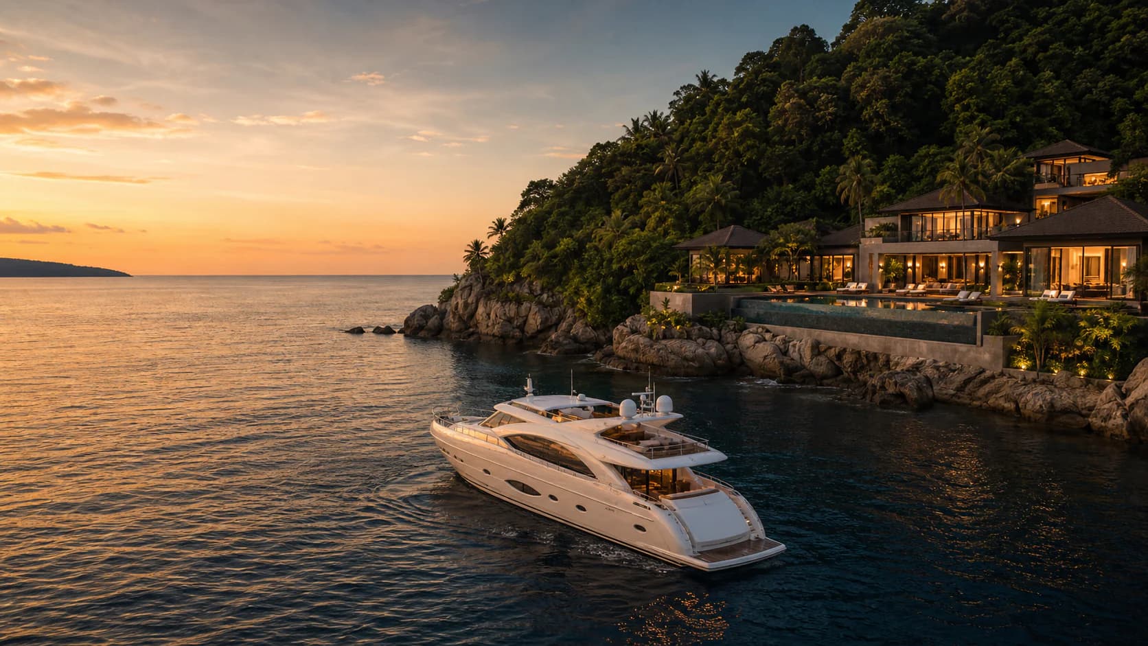 A private yacht approaching a secluded Phuket villa at golden hour