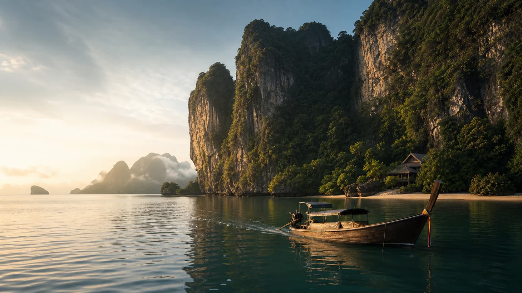 A private pool villa overlooking the quiet limestone coast of southern Thailand