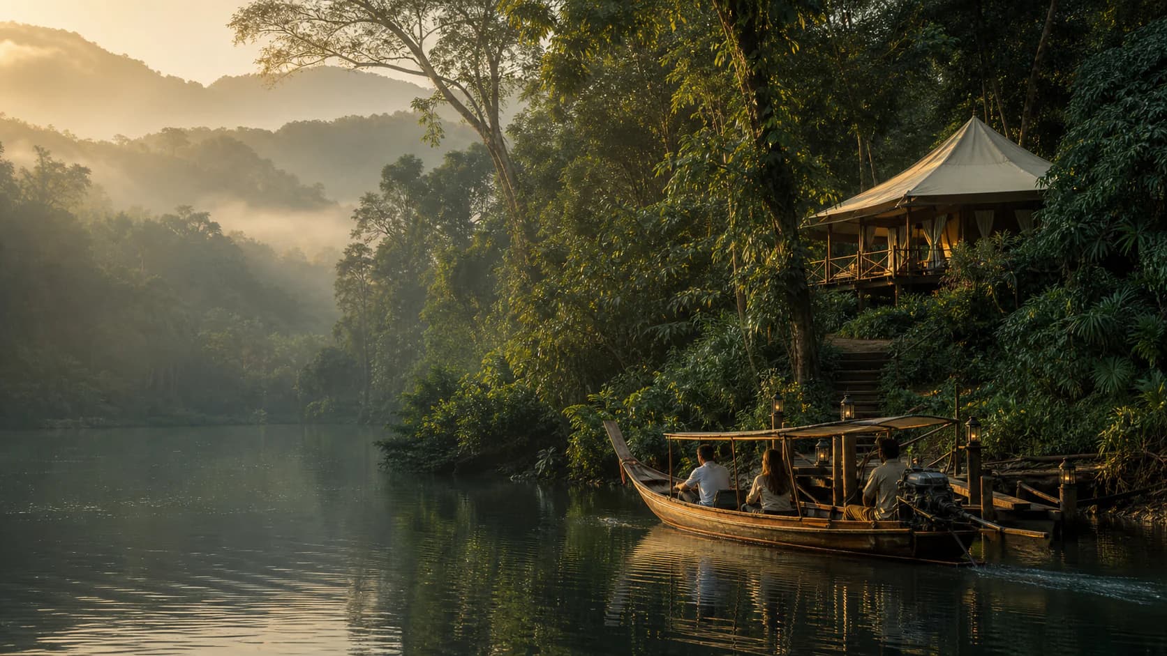 A private long-tail boat arriving at a luxury jungle camp in Thailand's Golden Triangle