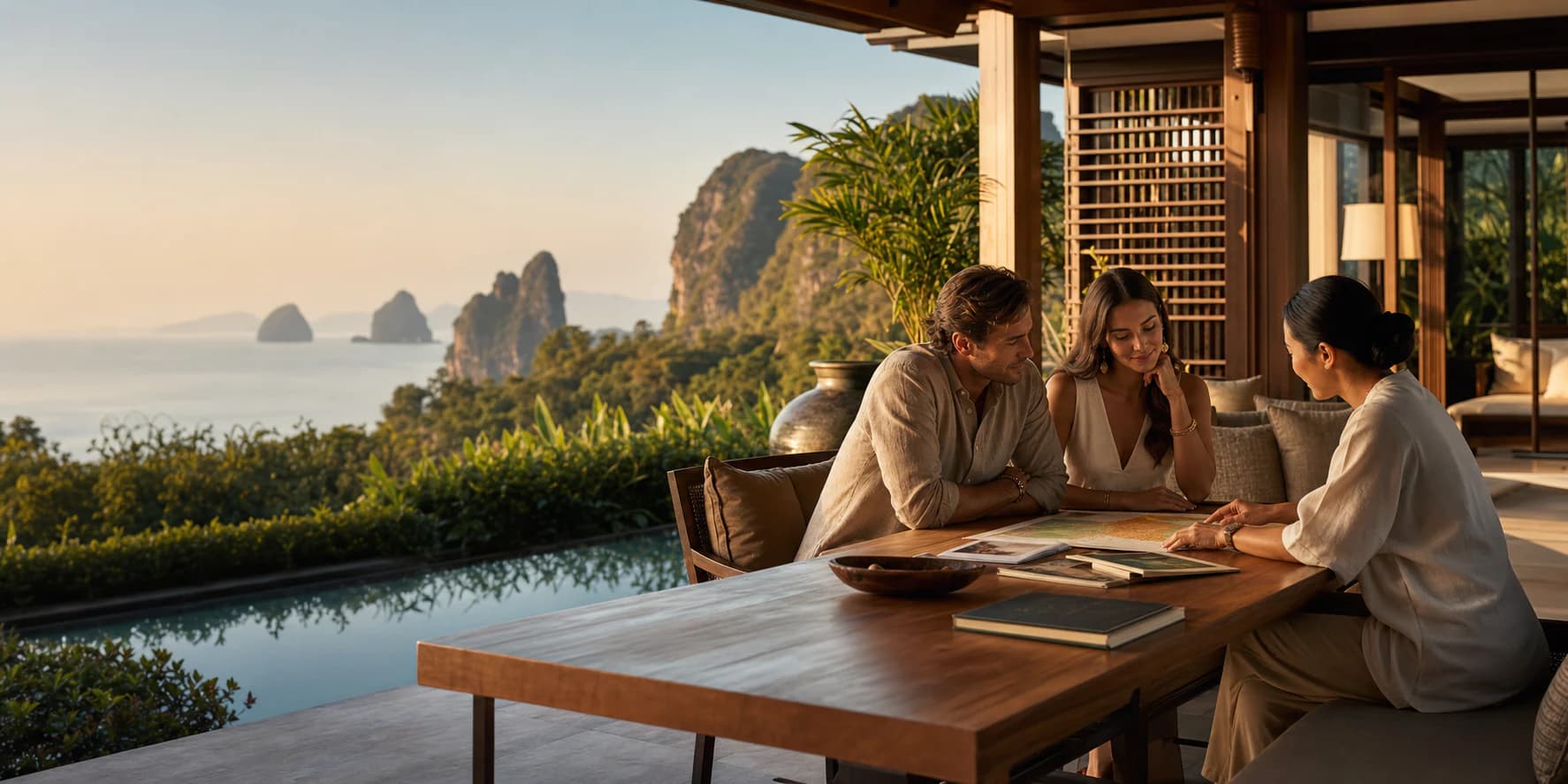 A couple meeting privately with a Thailand travel designer at a villa overlooking Phang Nga Bay