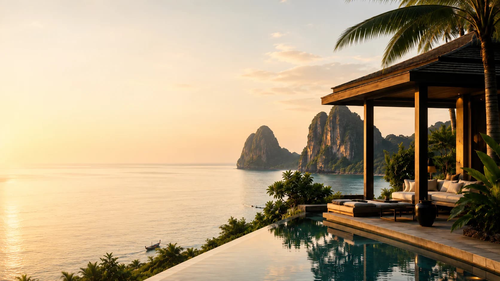 A private infinity-pool villa overlooking a calm Thai bay and limestone islands at golden hour