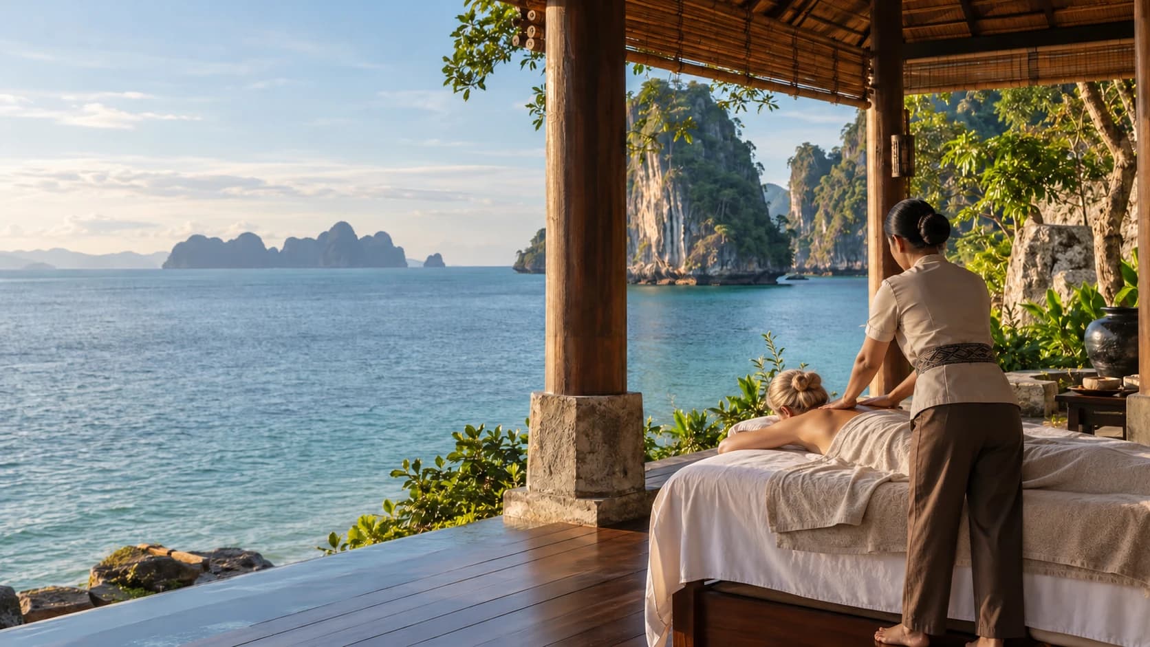 An open-air Thai massage pavilion overlooking turquoise water and limestone islands