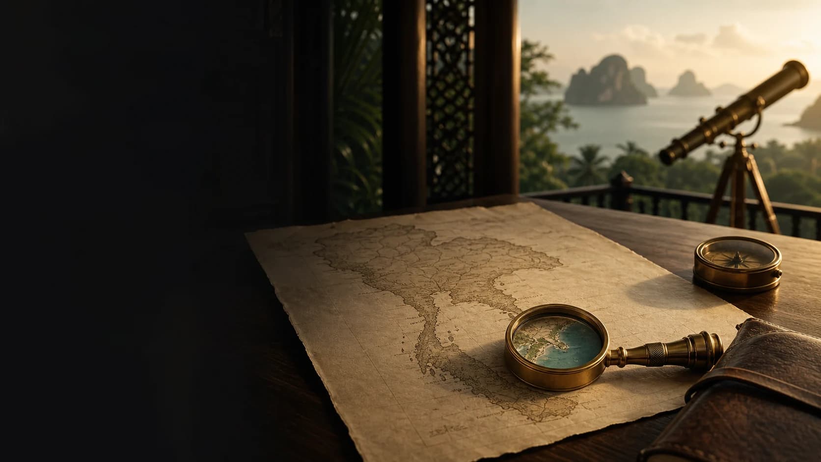 An antique brass loupe revealing a hidden cove on a map of Thailand, with a telescope facing the islands beyond