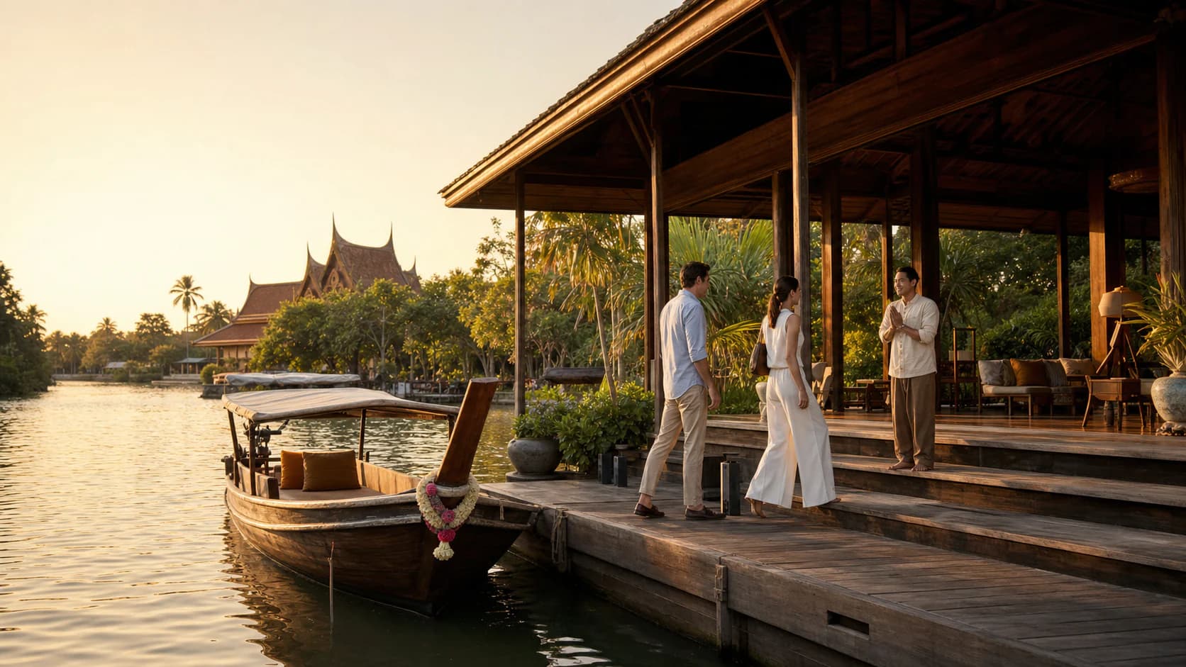Travelers arriving by private boat to meet a local guide at a teak riverside pavilion in Thailand