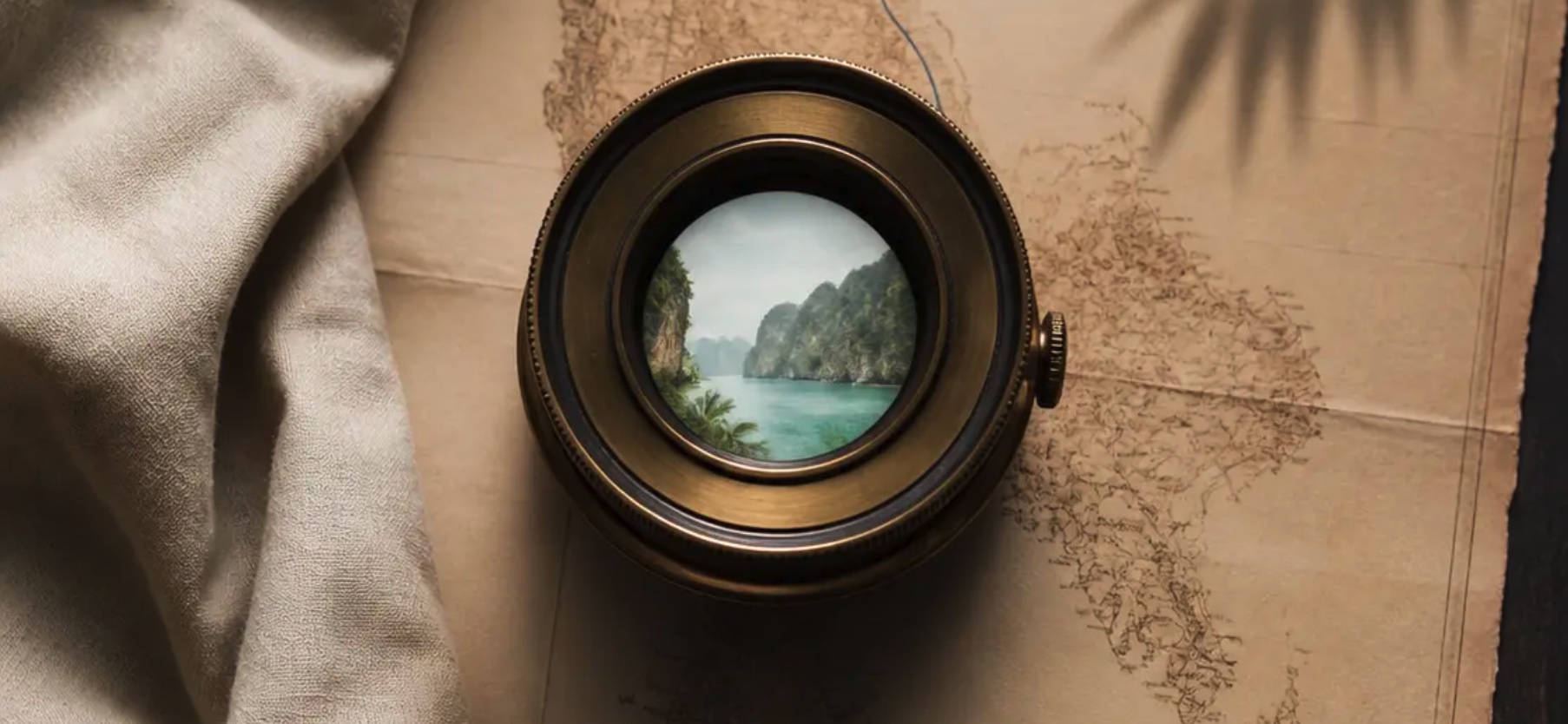 A brass lens resting on a map of Thailand